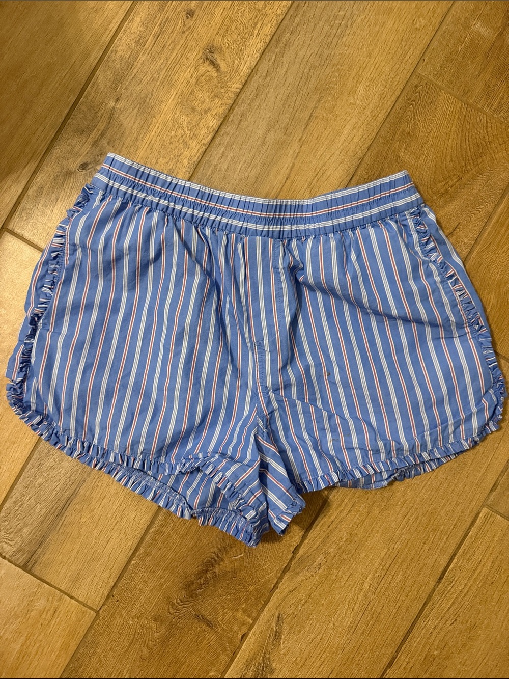 Blue Striped Ruffle-Hem shorts